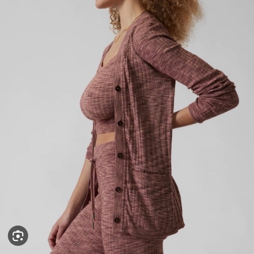 Athleta XXS&XS Mauve Heathered Pink Ribbed Knit Sweater and Pant Coordinated Set